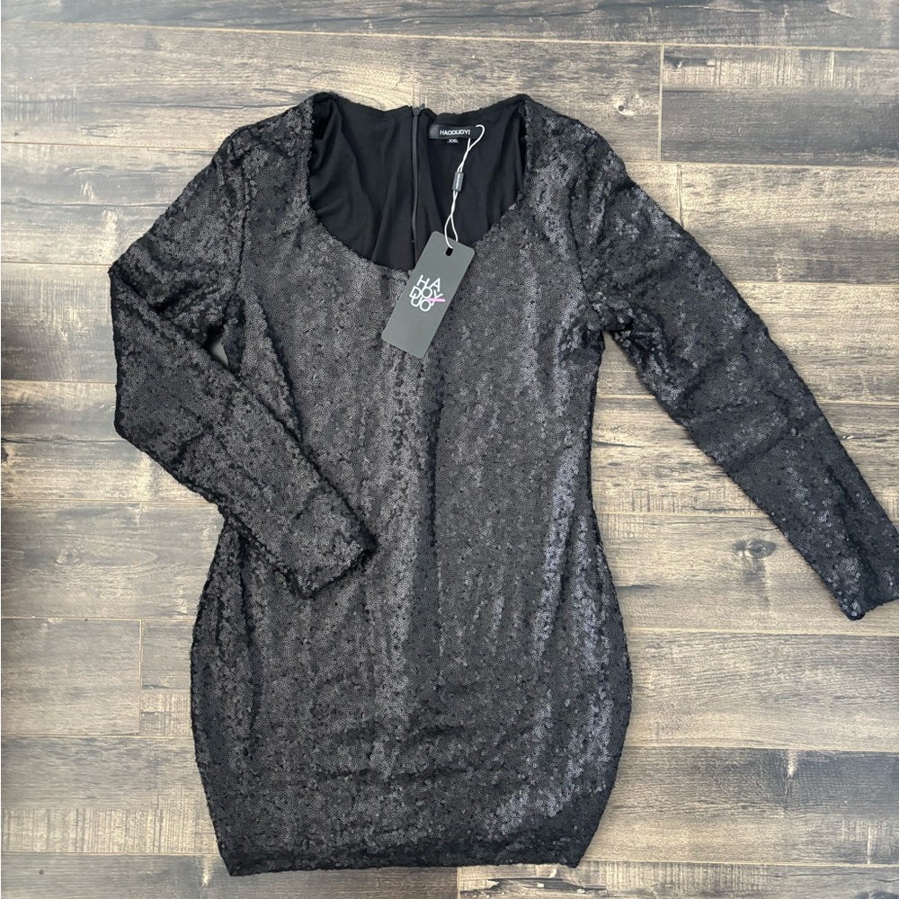 HAODUOYI Black Sequin Long Sleeve Dress